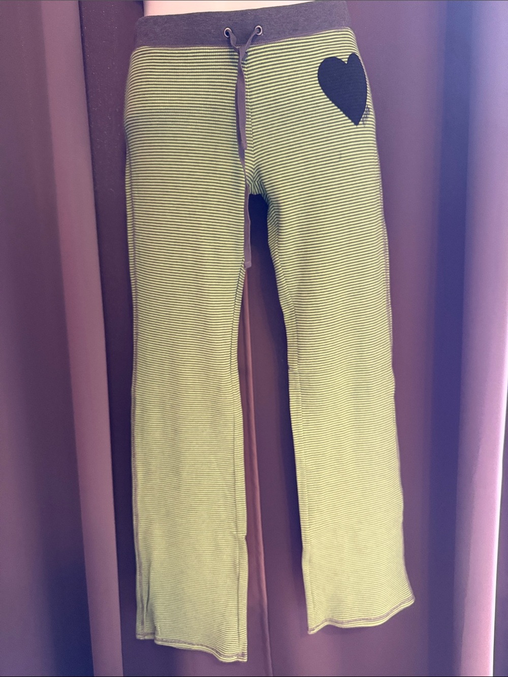 Y2K Victoria's Secret Lime Green Striped Pajama Pants with Black Heart